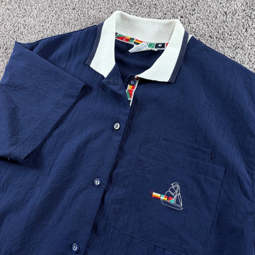 Vtg Catalina Polo Shirt Mens L Navy Button Down Pocket Sailing Boating Made USA